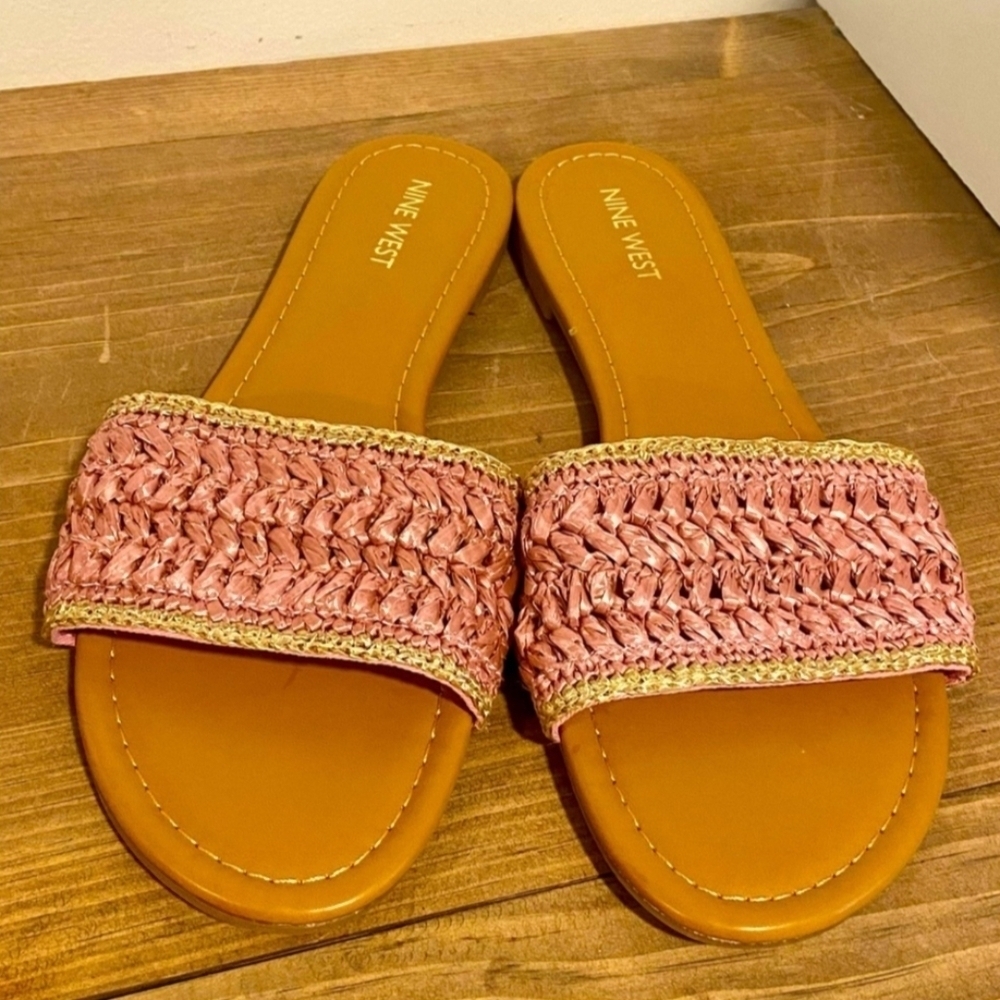 Nine West Women's Pink and Tan Beehive Slide Sandals, Like New, Size 10